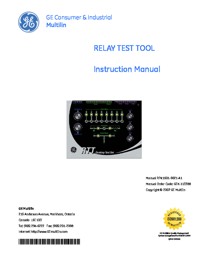 First Page Image of GE RTT Desktop Test Set GEK-113388 Relay Test Tool Instruction Manual.pdf